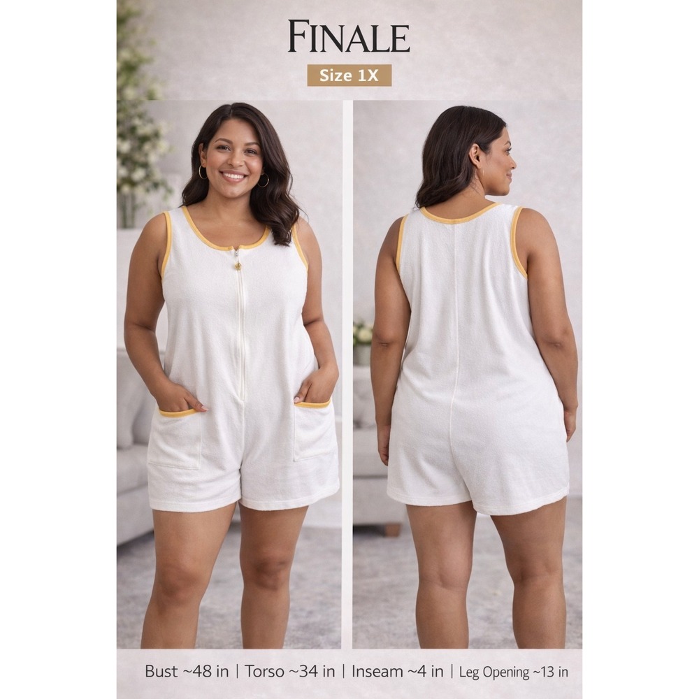 Vintage Intimate Style White Terry Cloth Romper Yellow Trim Seashell Zip 1X